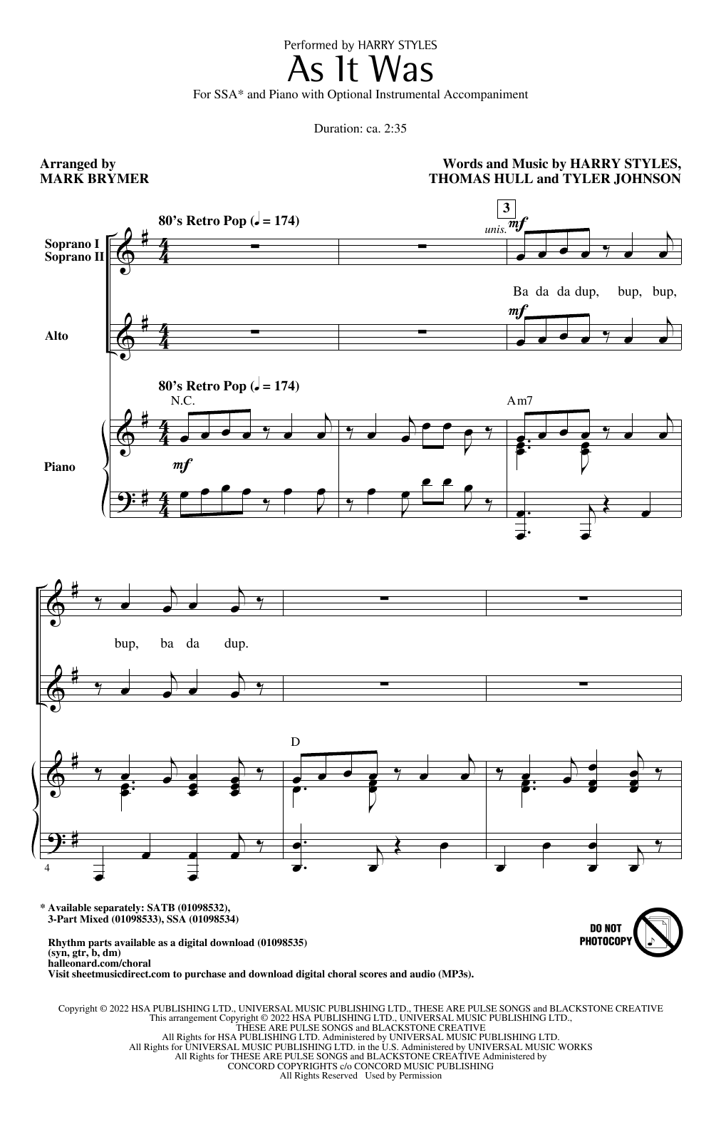 Product gallery: Page 1 of 1 As It Was (arr. Mark Brymer), Harry Styles