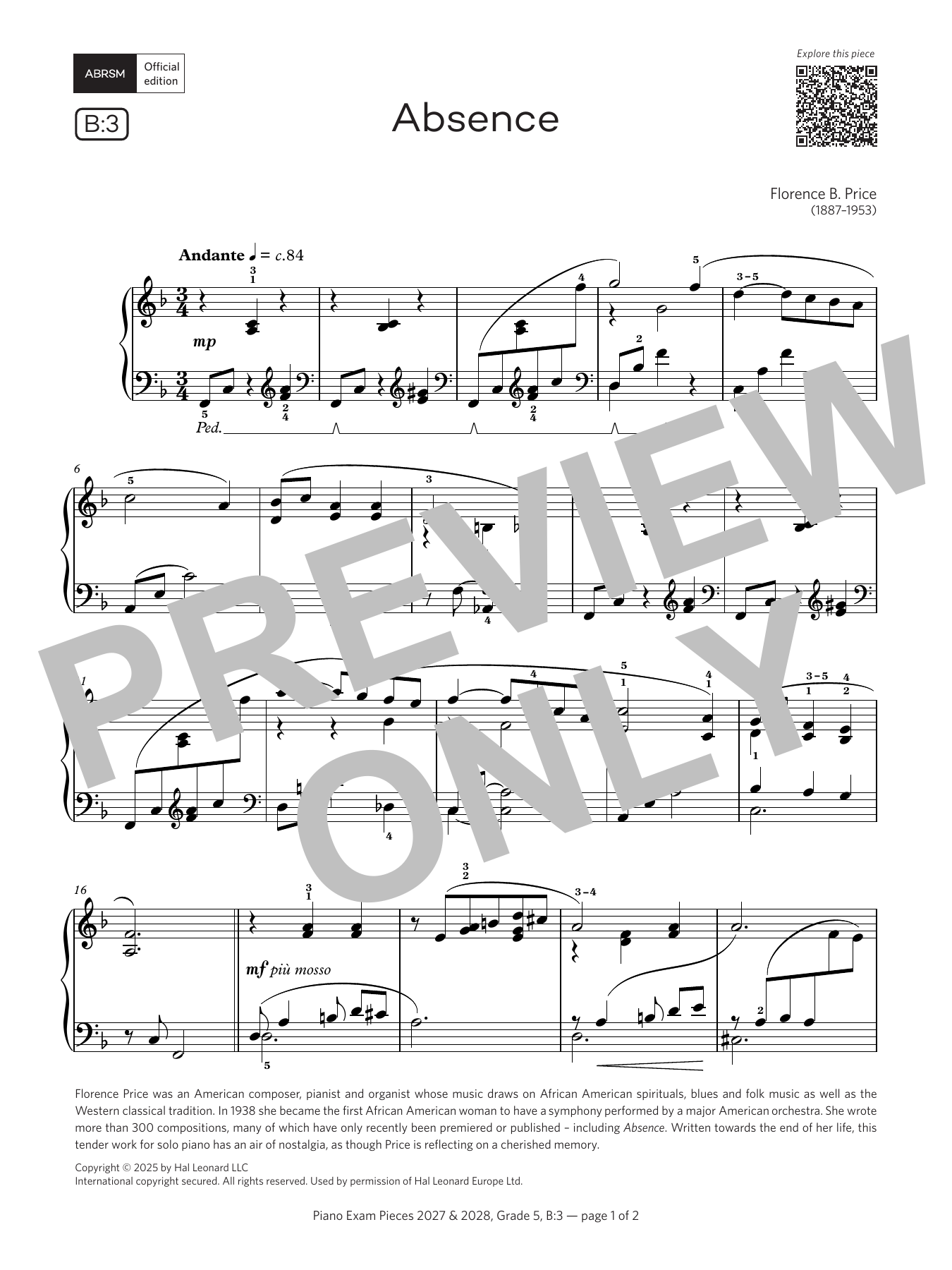 Produktbild zu: Absence (Grade 5, list B3, from the ABRSM Piano Syllabus 2027 & 2028)