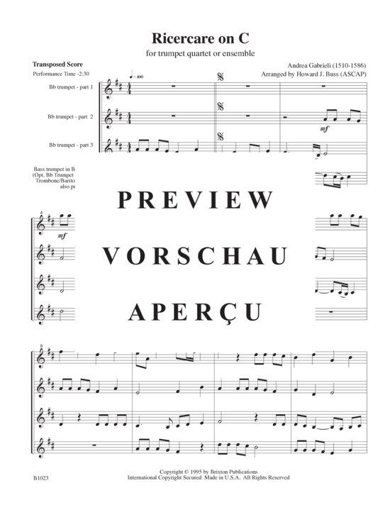 gallery: Ricercare (4/3 Trompeten in B und 1 Basstrompete/Posaume) , ,  (opt. Bass-Stimme für Teil 4)