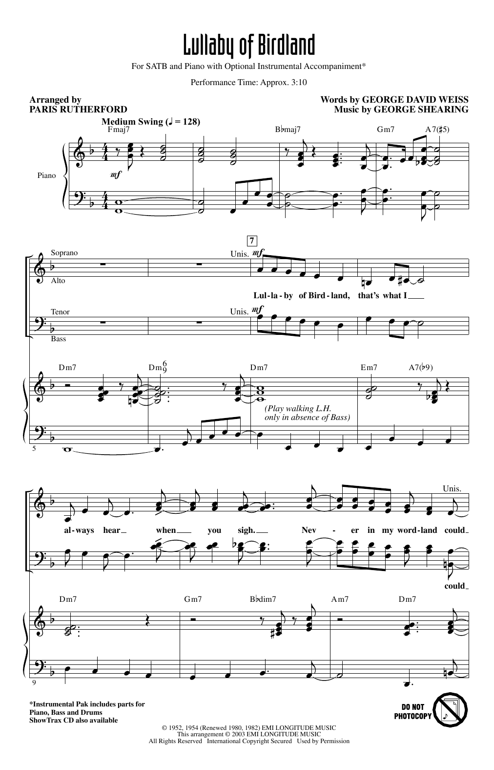 Product picture to: Lullaby Of Birdland (arr. Paris Rutherford)
