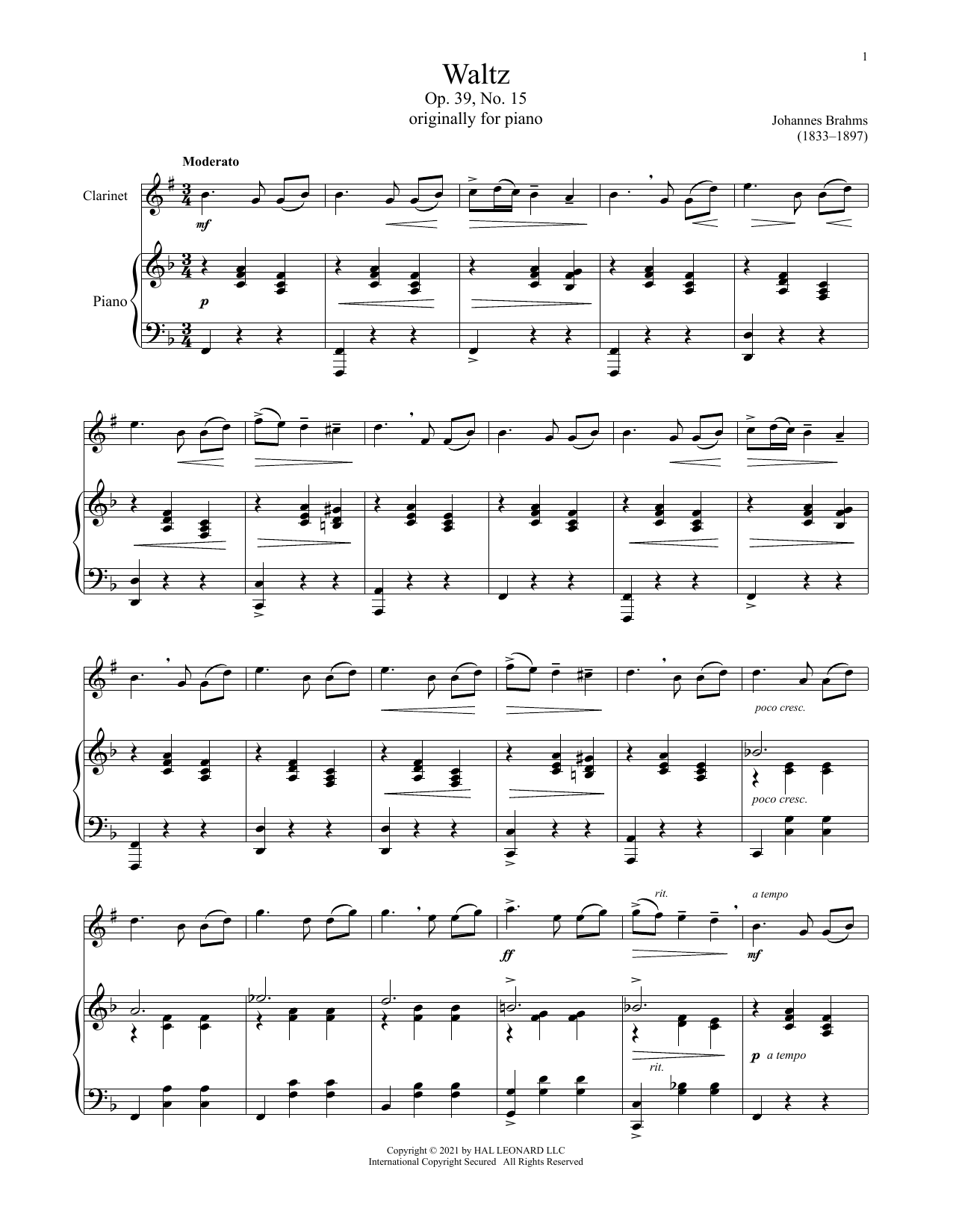 Produktgalerie: Seite 1 von 1 Waltz In A Major, Op. 39, No. 15, Johannes Brahms