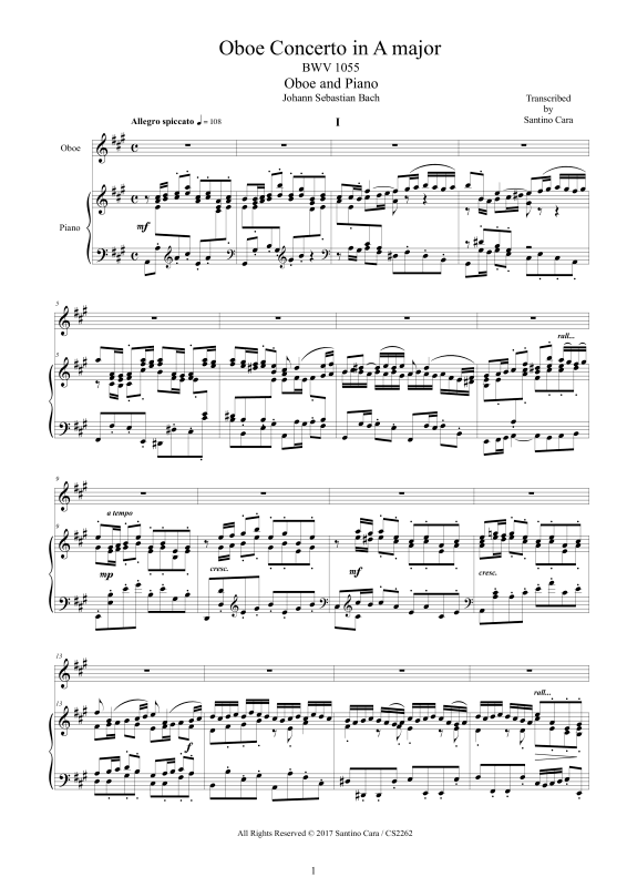 Product picture to: Oboen Konzert in A-Dur BWV 1055Johann Sebastian Bach