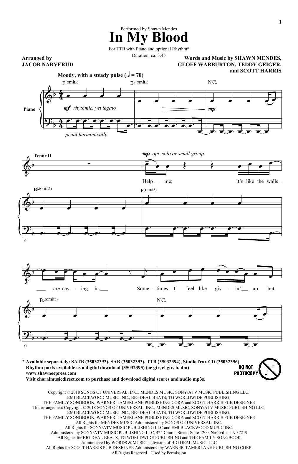 Produktbild zu: In My Blood (arr. Jacob Narverud)