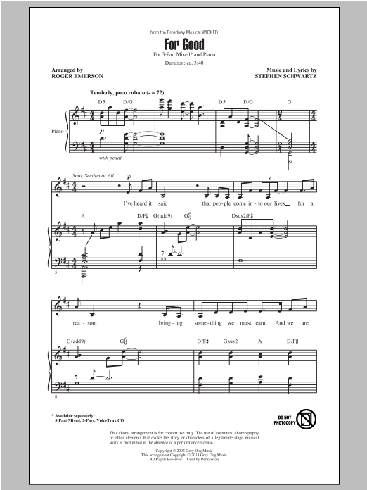 Product picture to: For Good (from Wicked) (arr. Roger Emerson)