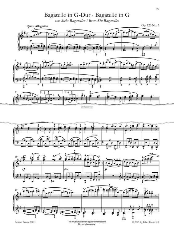 Produktgalerie: Seite 1 von 1 Bagatelle in G, Op. 126 No. 5 (from Six Bagatelles), Ludwig van Beethoven, Klavier