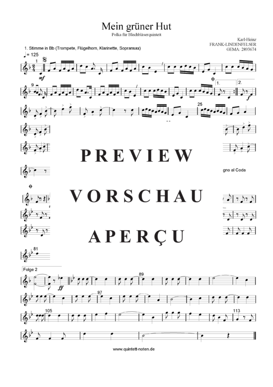 Produktgalerie: Seite 8 von 21 Mein Grüner Hut , Blasorchester Fatamo, (Blechbläser Quintett - Flexible Besetzung + Schlagzeug)