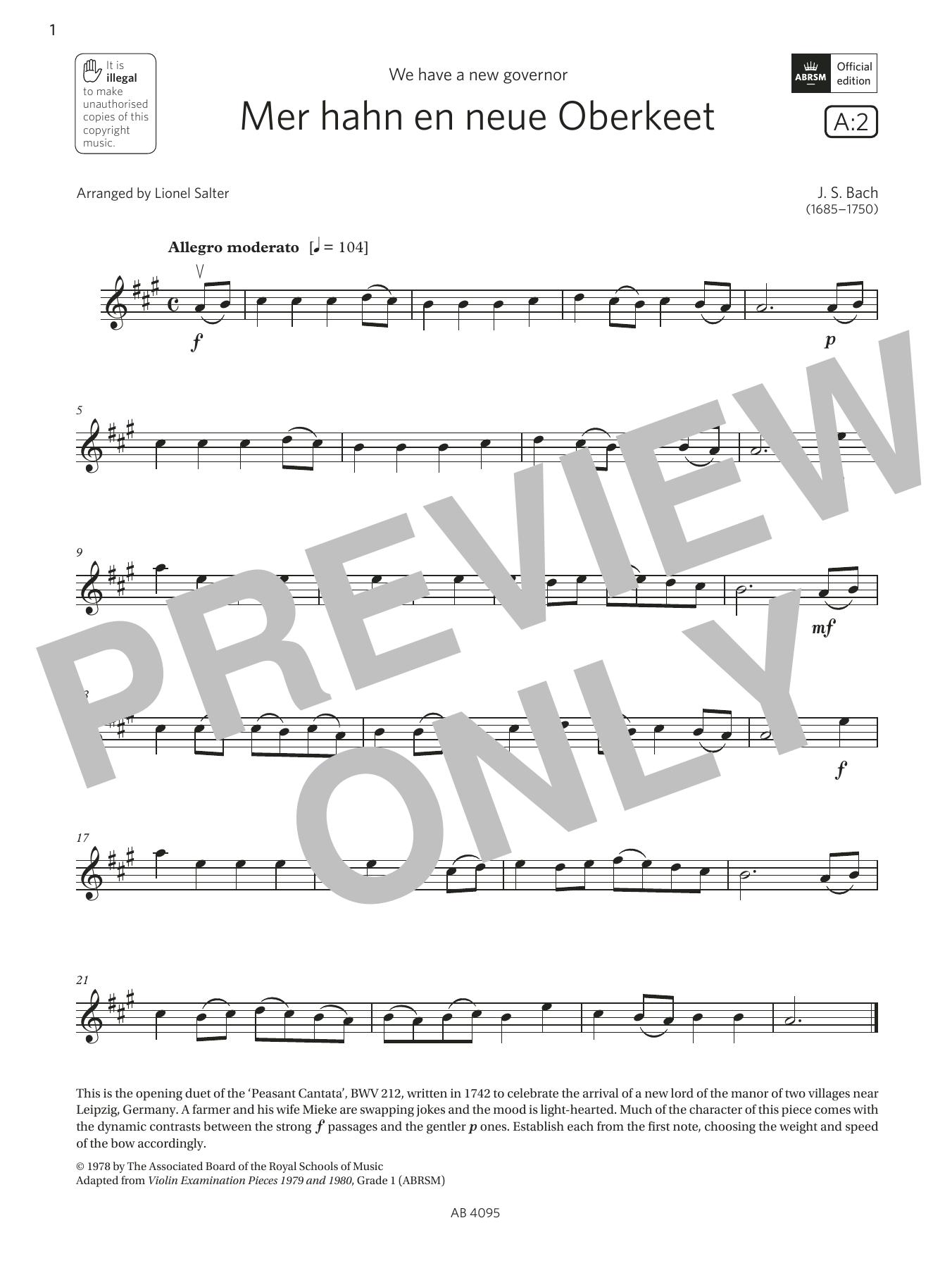 Product gallery: Page 1 of 1 Mer hahn en neue Oberkeet (Grade 1, A2, from the ABRSM Violin Syllabus from 2024), J. S. Bach