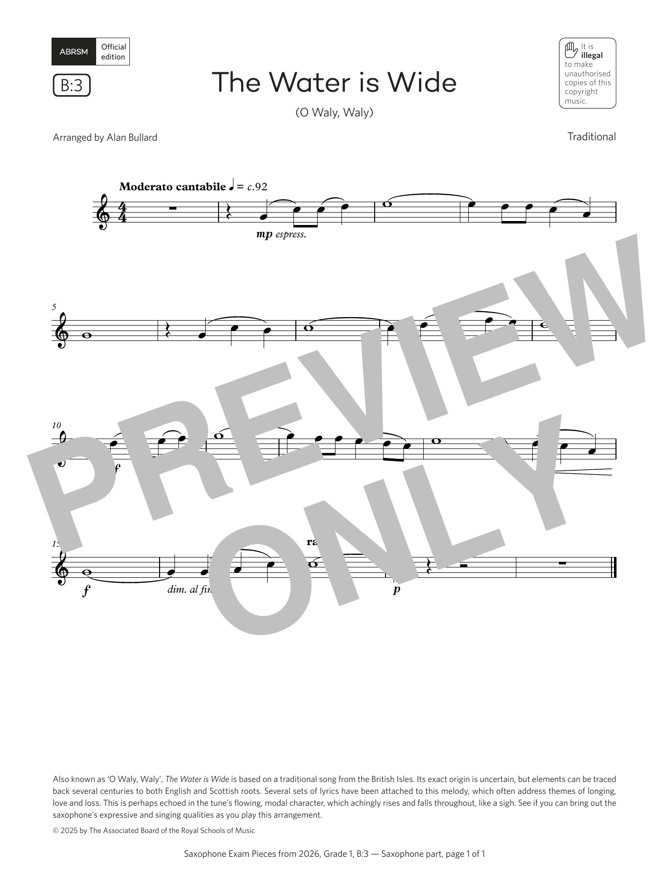 Product gallery: Page 1 of 1 The Water is Wide (Grade 1, list B3, from the ABRSM Saxophone Syllabus from 2026), Alan Bullard