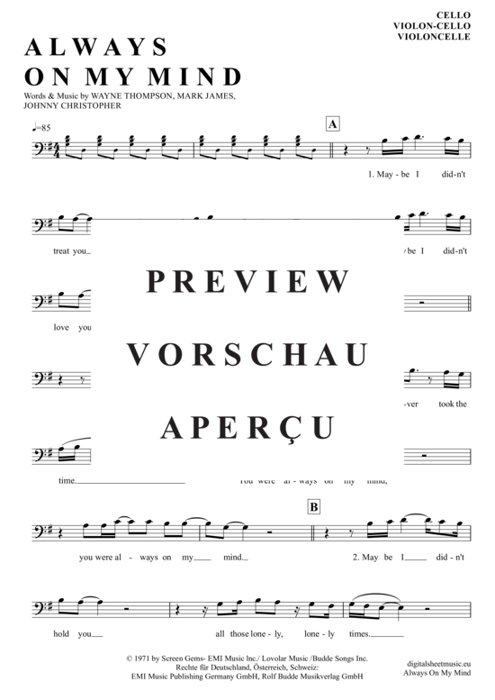 Produktgalerie: Seite 2 von 4 Always on my mind , Presley, Elvis, (Violon-Cello)