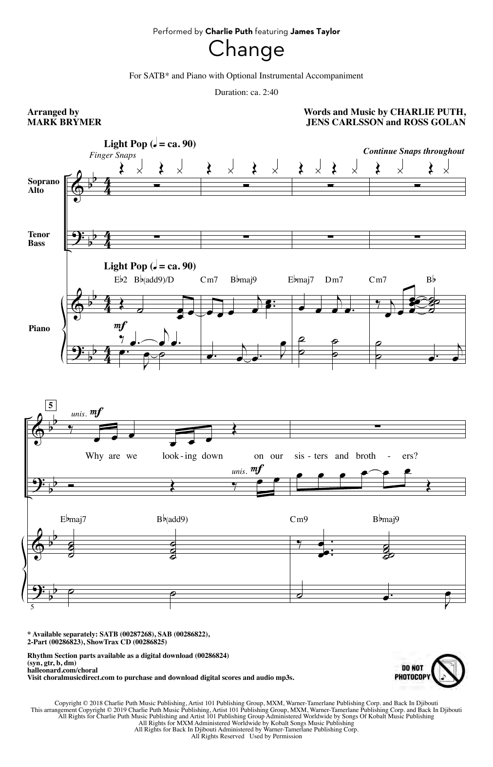 Produktbild zu: Change (feat. James Taylor) (arr. Mark Brymer)