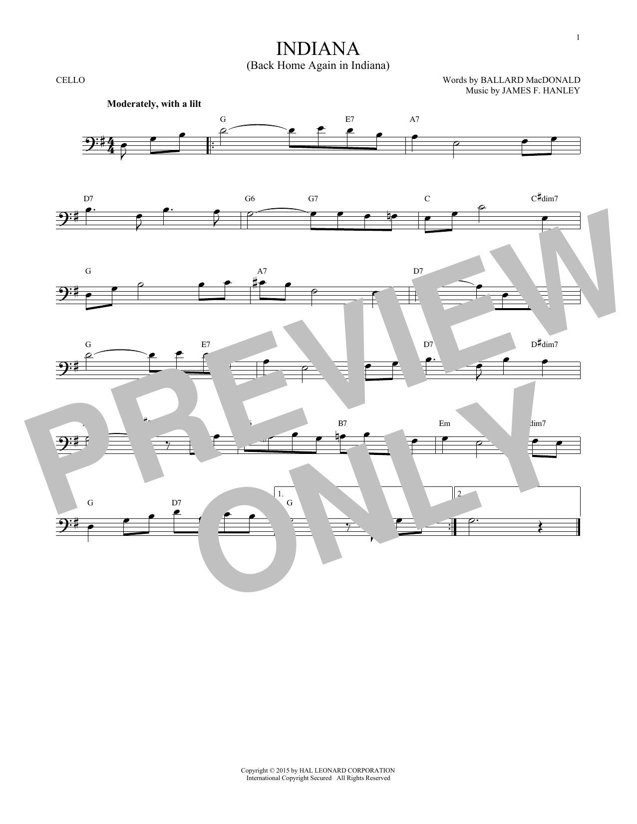 Produktgalerie: Seite 1 von 1 Indiana (Back Home Again In Indiana), James F. Hanley, Violoncello