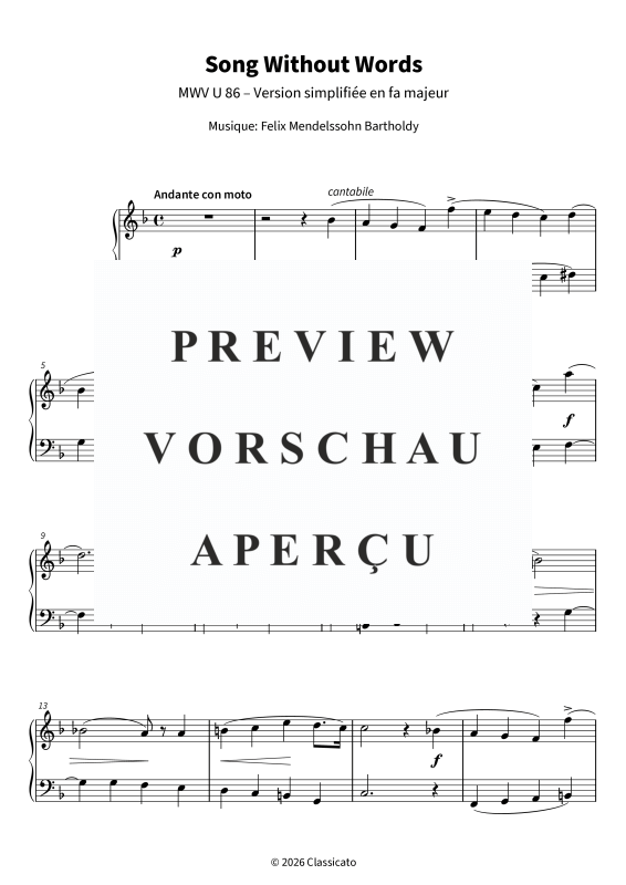 Produktgalerie: Seite 5 von 6 Romance sans paroles - MWV U 86 - Miniature romantique pour piano simplifiée en fa majeur, , Klavier Solo