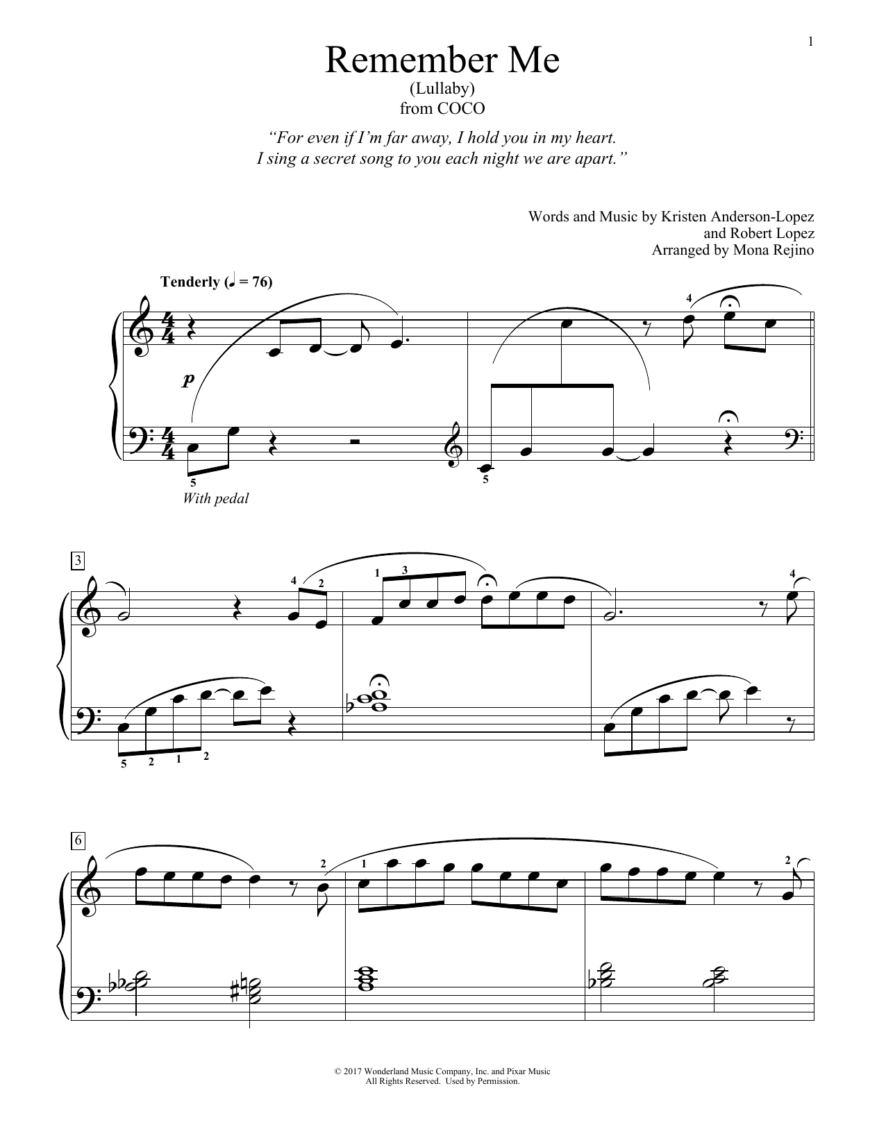Product picture to: Remember Me (Lullaby) (from Coco) (arr. Mona Rejino)