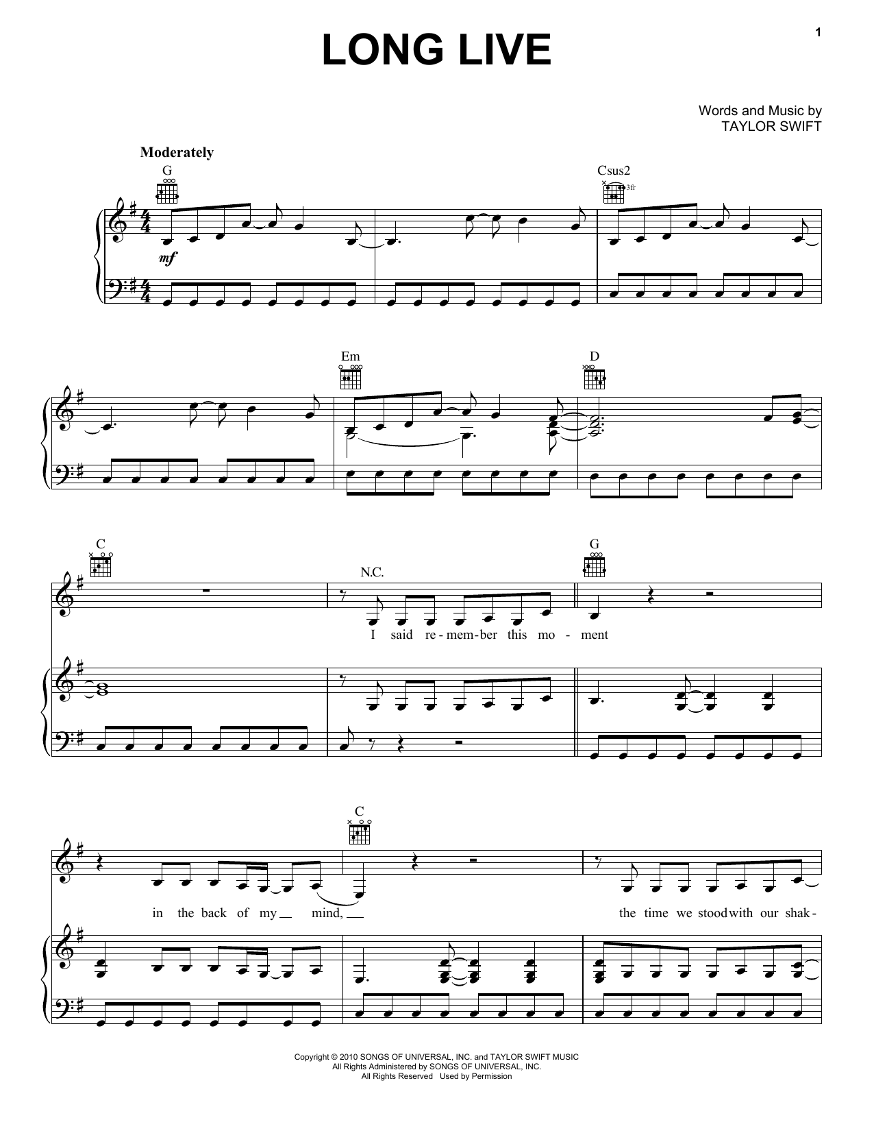 Produktgalerie: Seite 1 von 1 Long Live, Taylor Swift, Gesang, Gitarre, Klavier