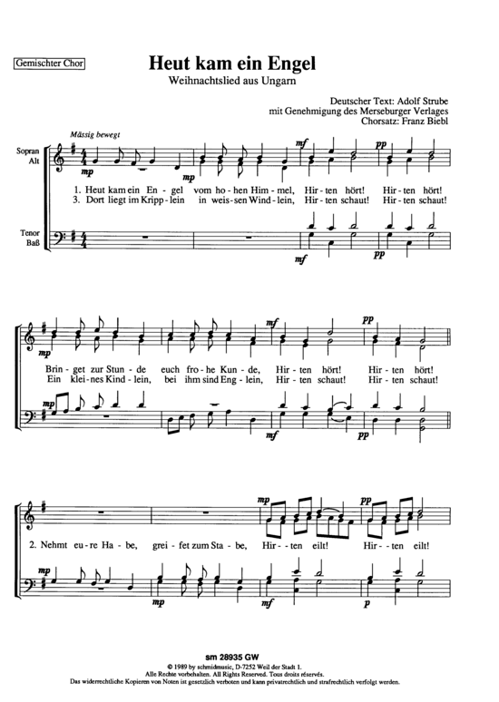 Product picture to: Heut kam ein Engel Volksgut (Satz: Franz Biebl)
