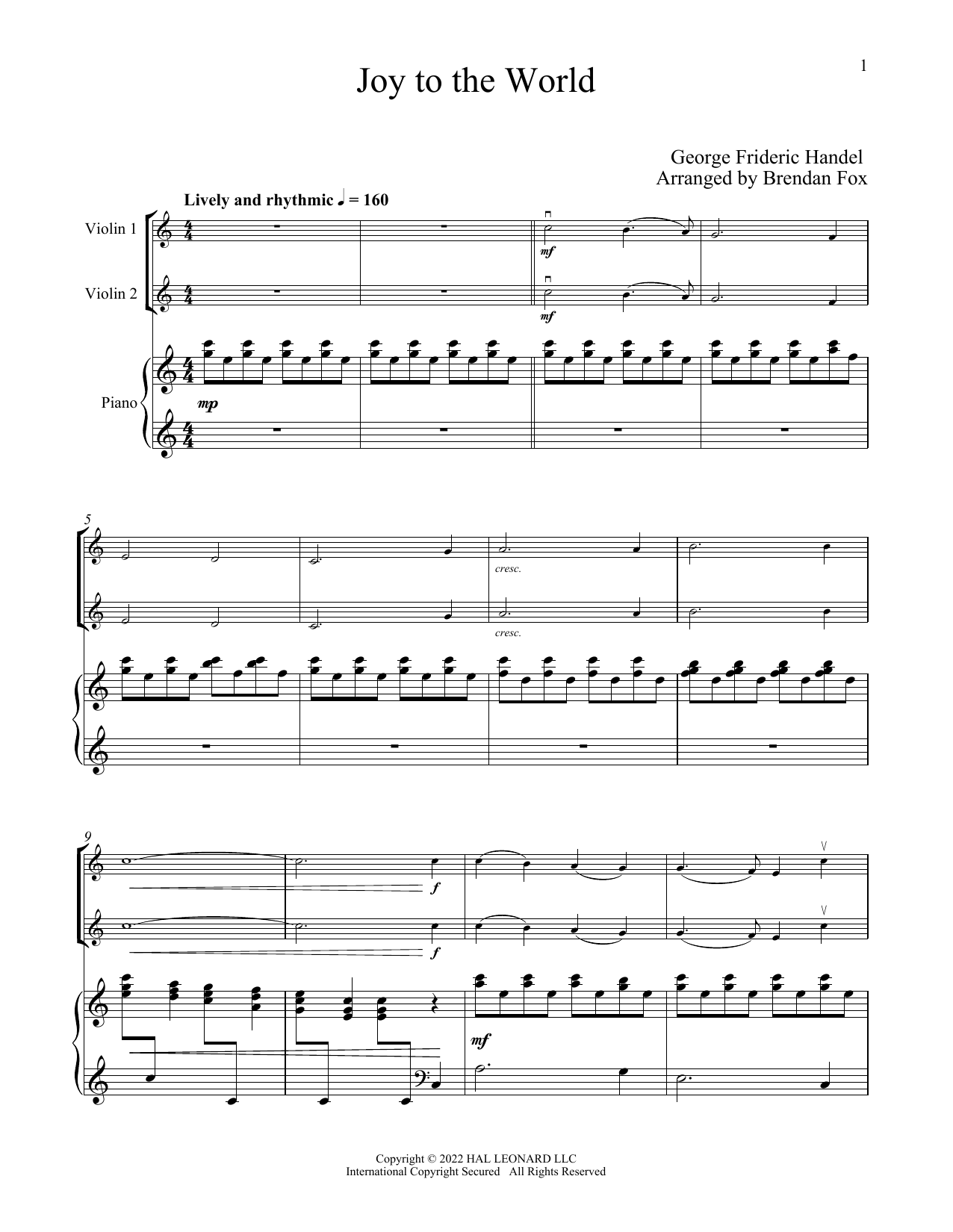 Product gallery: Page 1 of 1 Joy To The World (for Violin Duet and Piano), Isaac Watts