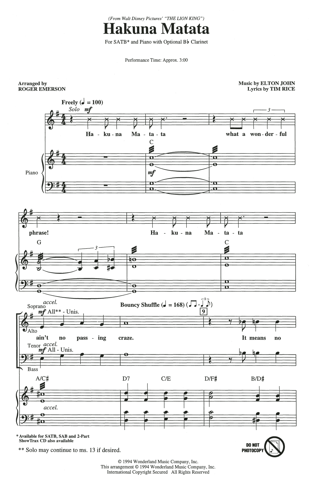 Product gallery: Page 1 of 1 Hakuna Matata (from The Lion King) (arr. Roger Emerson), Elton John