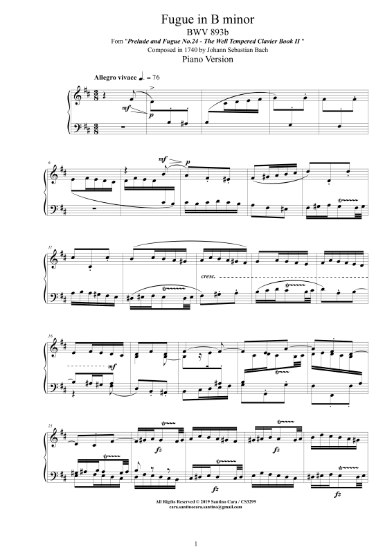 Produktbild zu: Fuge in H-Moll BWV 893b - Piano VersionJohann Sebastian Bach