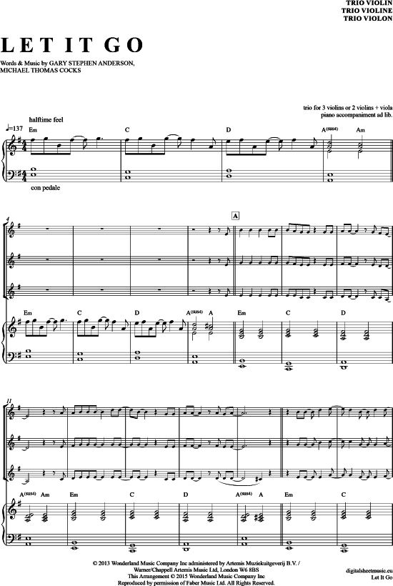 Product gallery: Page 1 of 21 Let it go , Menzel, Idina, (violin trio + piano)