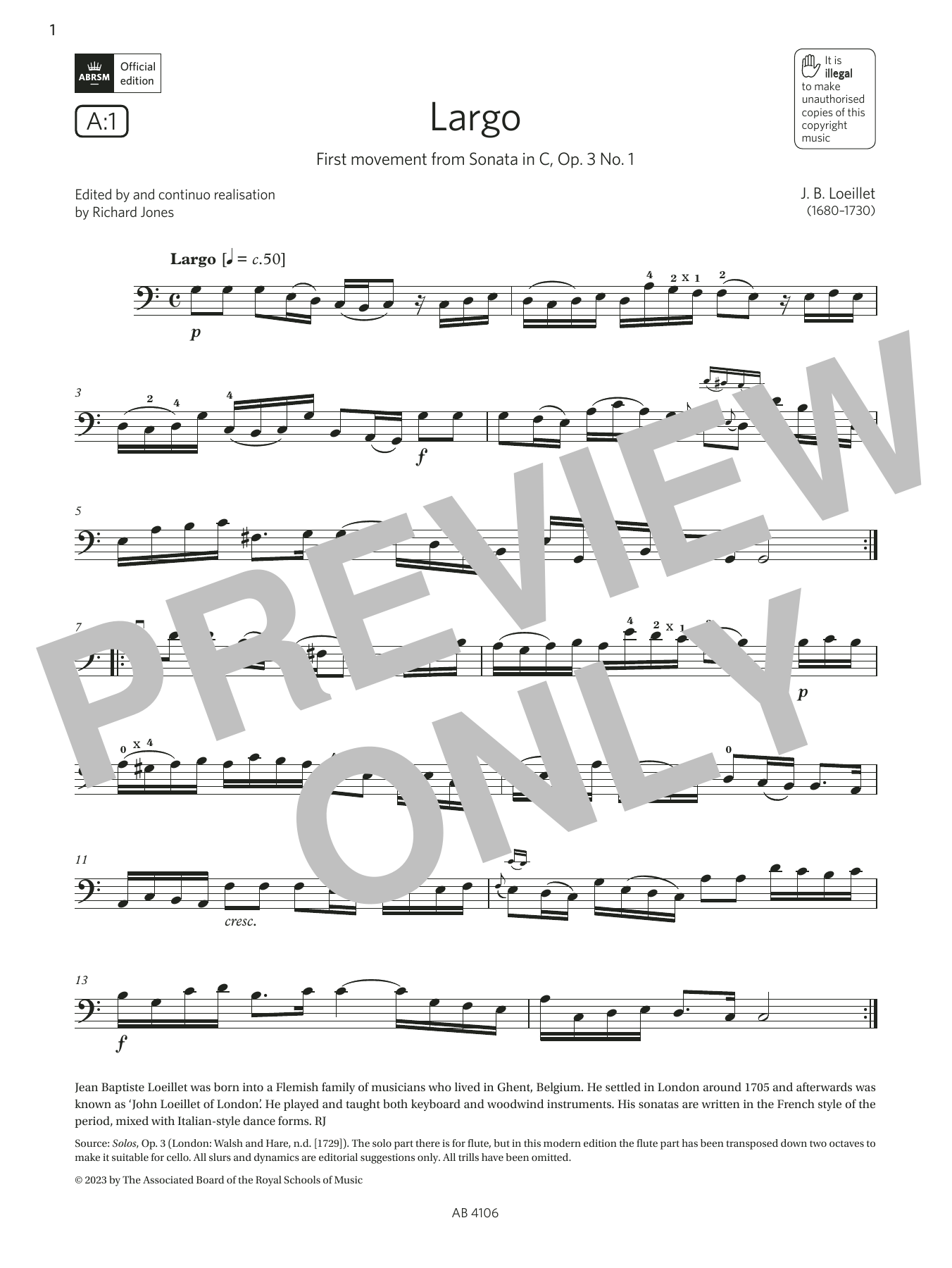 Produktbild zu:  Largo (Grade 3, A1, from the ABRSM Cello Syllabus from 2024) - J. B. Loeillet