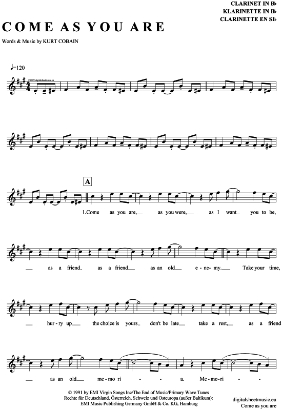 Product gallery: Page 1 of 4 Come as you are , Nirvana, Clarinet in B-flat