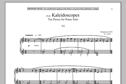 Product gallery: Page 1 of 1 Kaleidoscopes, Ten Pieces For Piano Solo, VI., Benjamin Lees