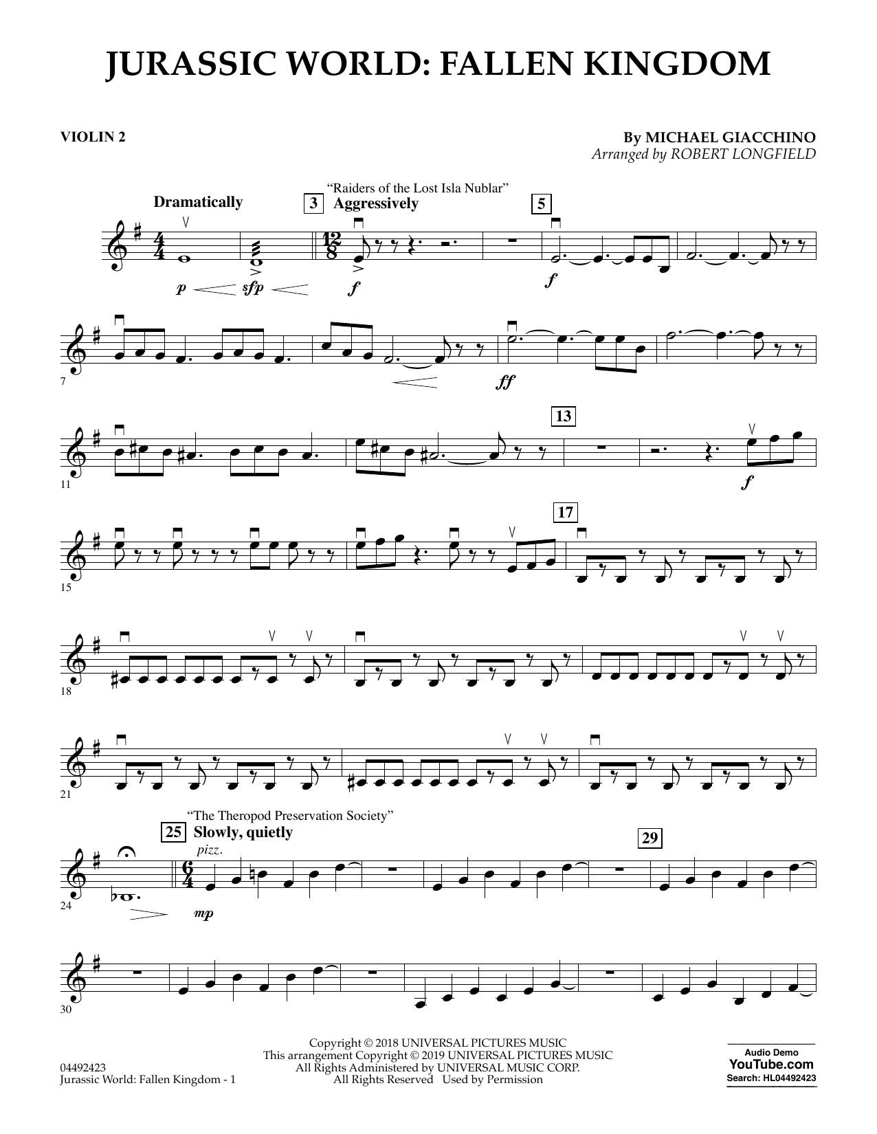 Product picture to: Jurassic World: Fallen Kingdom (arr. Robert Longfield) - Violin 2