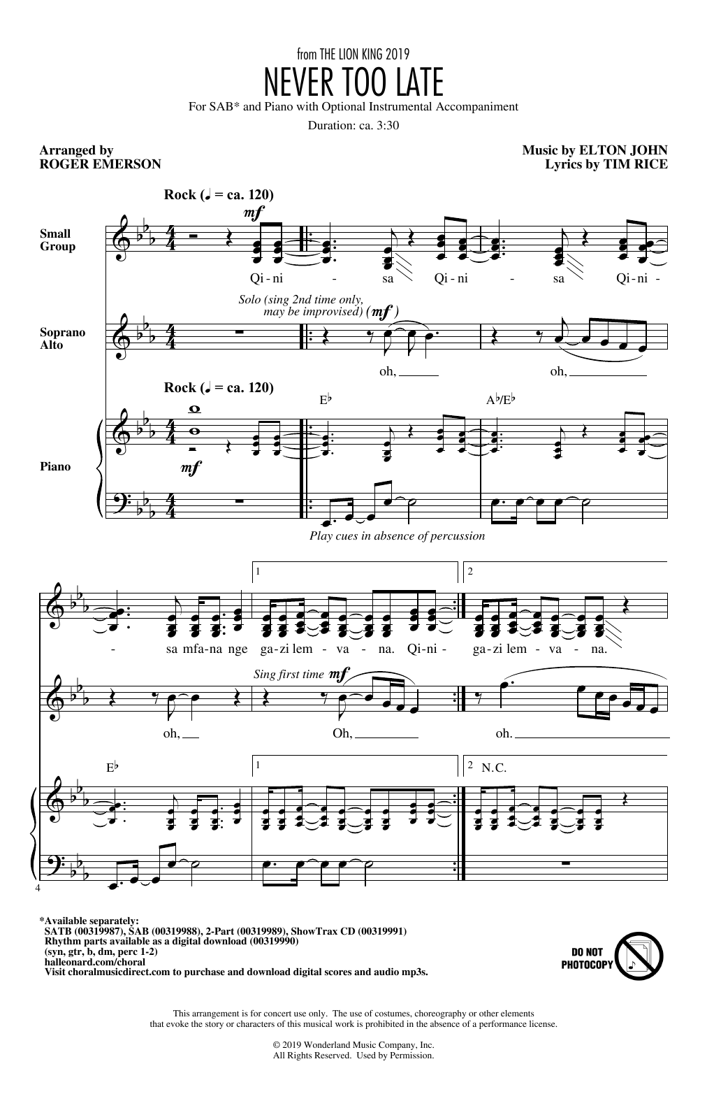 Produktbild zu: Never Too Late (from The Lion King 2019) (arr. Roger Emerson)