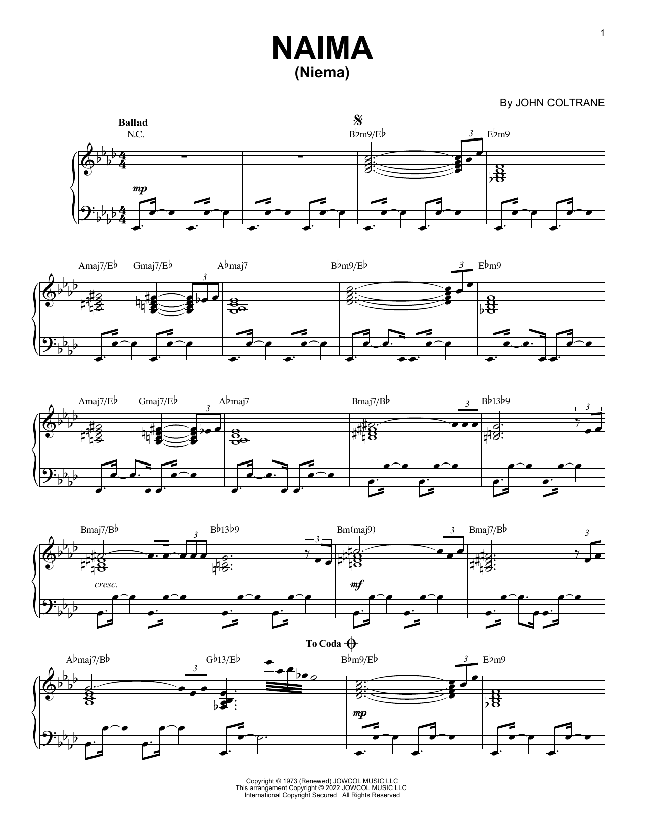 Produktbild zu: Naima (Niema) [Jazz version] (arr. Brent Edstrom)