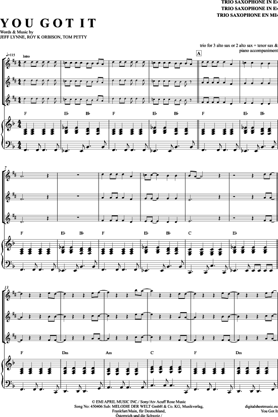 Product picture to: You Got It (Saxophon Trio AAA(T) Roy Orbison