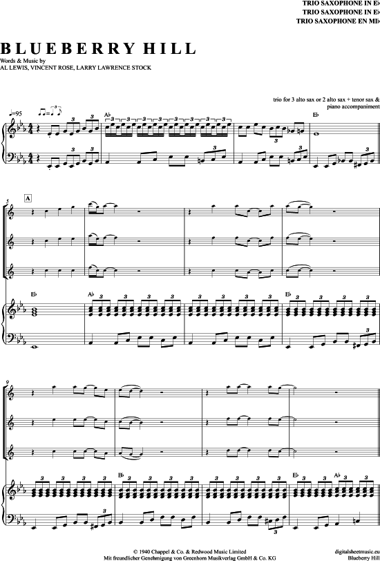 Product picture to: Blueberry Hill (Saxophon Trio AAA(T) Fats Domino