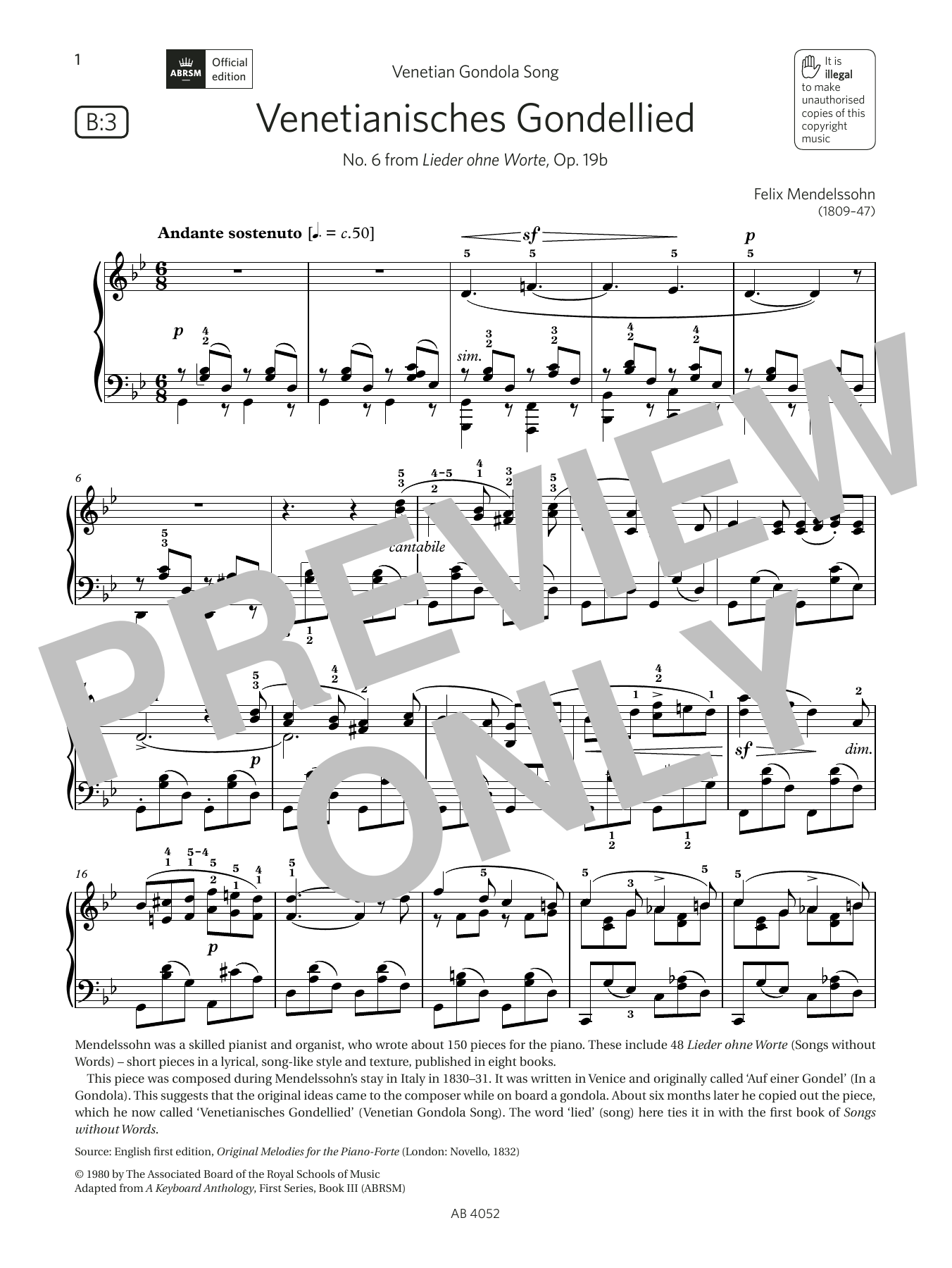 Product picture to: Venetianisches Gondellied (Grade 6, list B3, from the ABRSM Piano Syllabus 2023 & 2024)