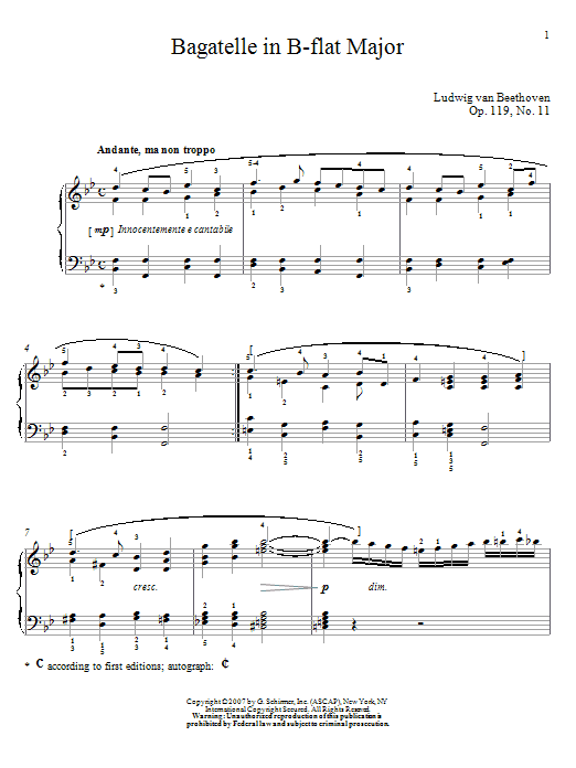 Product gallery: Page 1 of 1 Bagatelle In B-flat Major, Op. 119, No. 11, Ludwig Van Beethoven