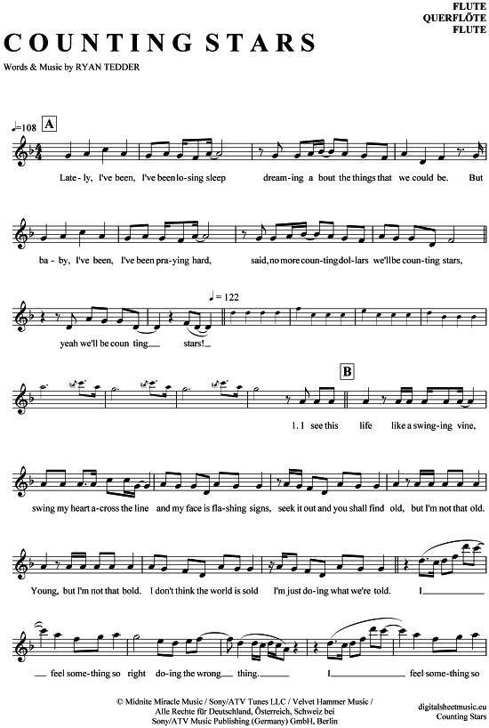 Product gallery: Page 1 of 4 Counting Stars , OneRepublic, (transverse flute)