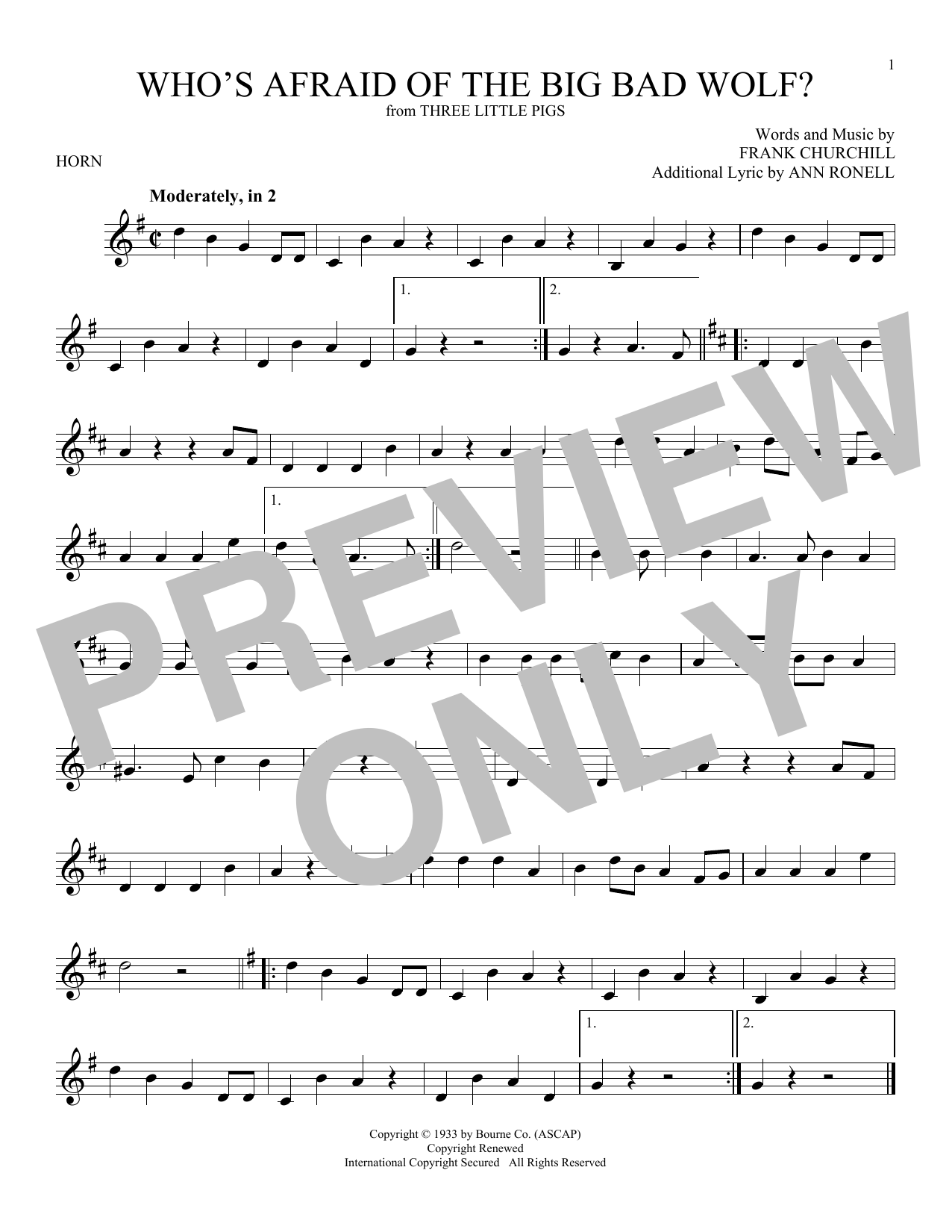 Produktgalerie: Seite 1 von 1 Who's Afraid Of The Big Bad Wolf? (from Three Little Pigs), Frank Churchill, Horn