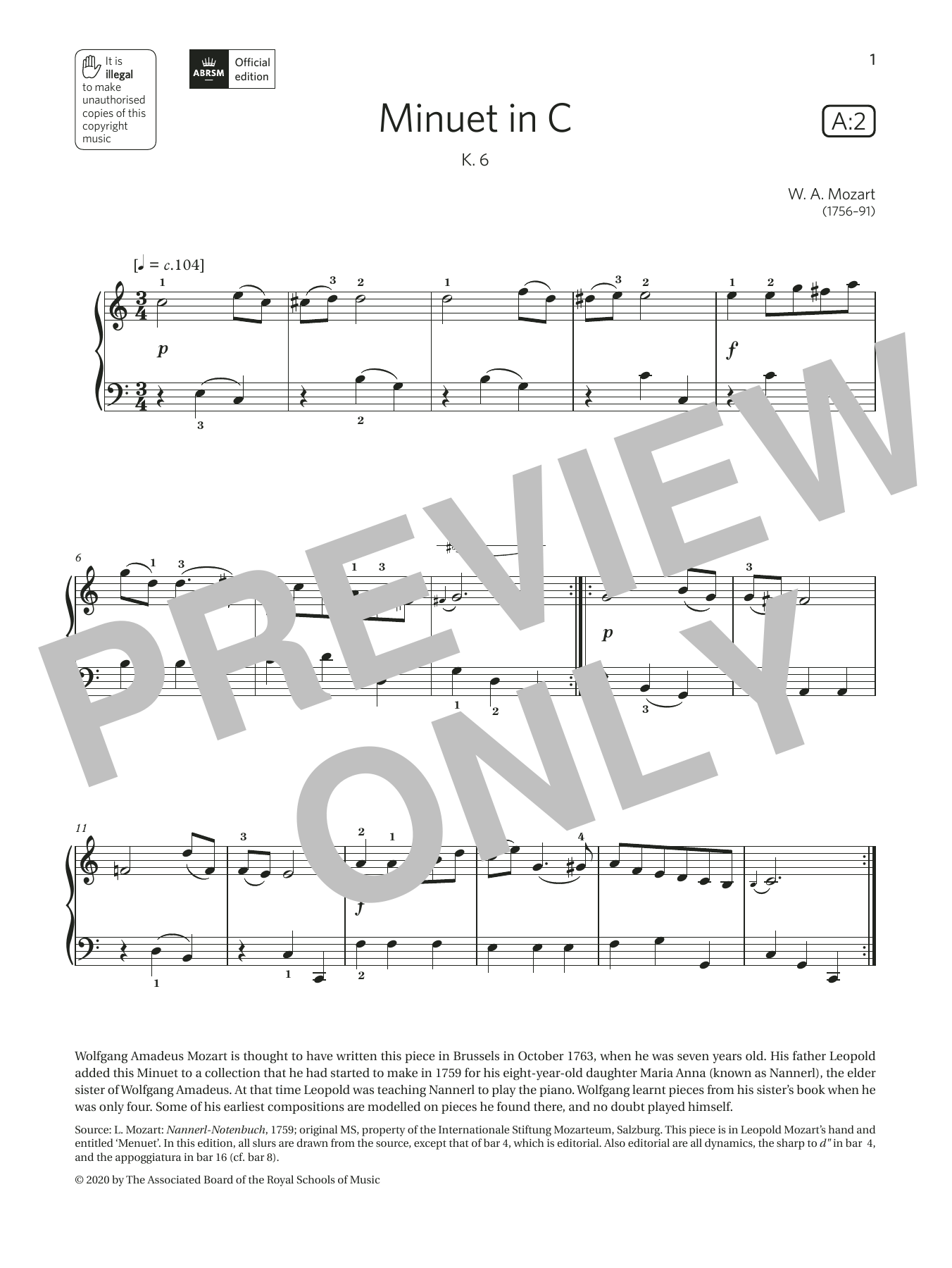 Produktbild zu: Minuet in C (Grade 1, list A2, from the ABRSM Piano Syllabus 2021 & 2022)