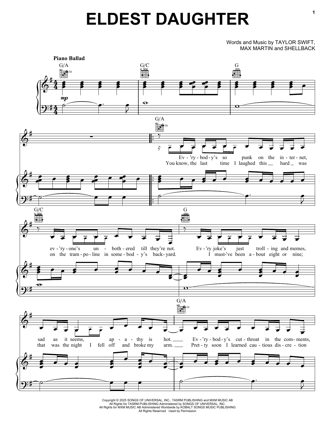 Produktgalerie: Seite 1 von 1 Eldest Daughter, Taylor Swift, Gesang, Gitarre, Klavier