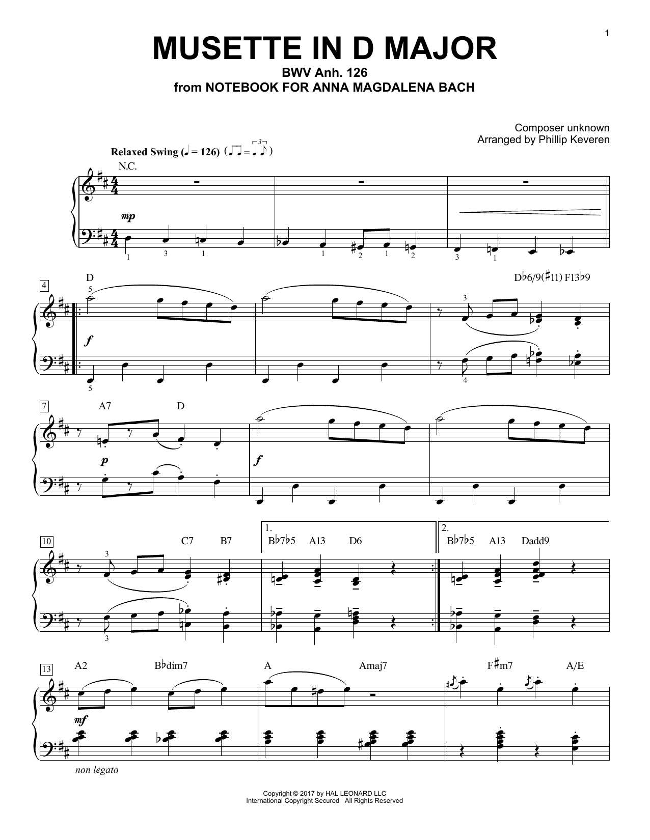 Produktgalerie: Seite 1 von 1 Musette In D Major, BWV Anh. 126 [Jazz version] (arr. Phillip Keveren), Johann Sebastian Bach, Klavier