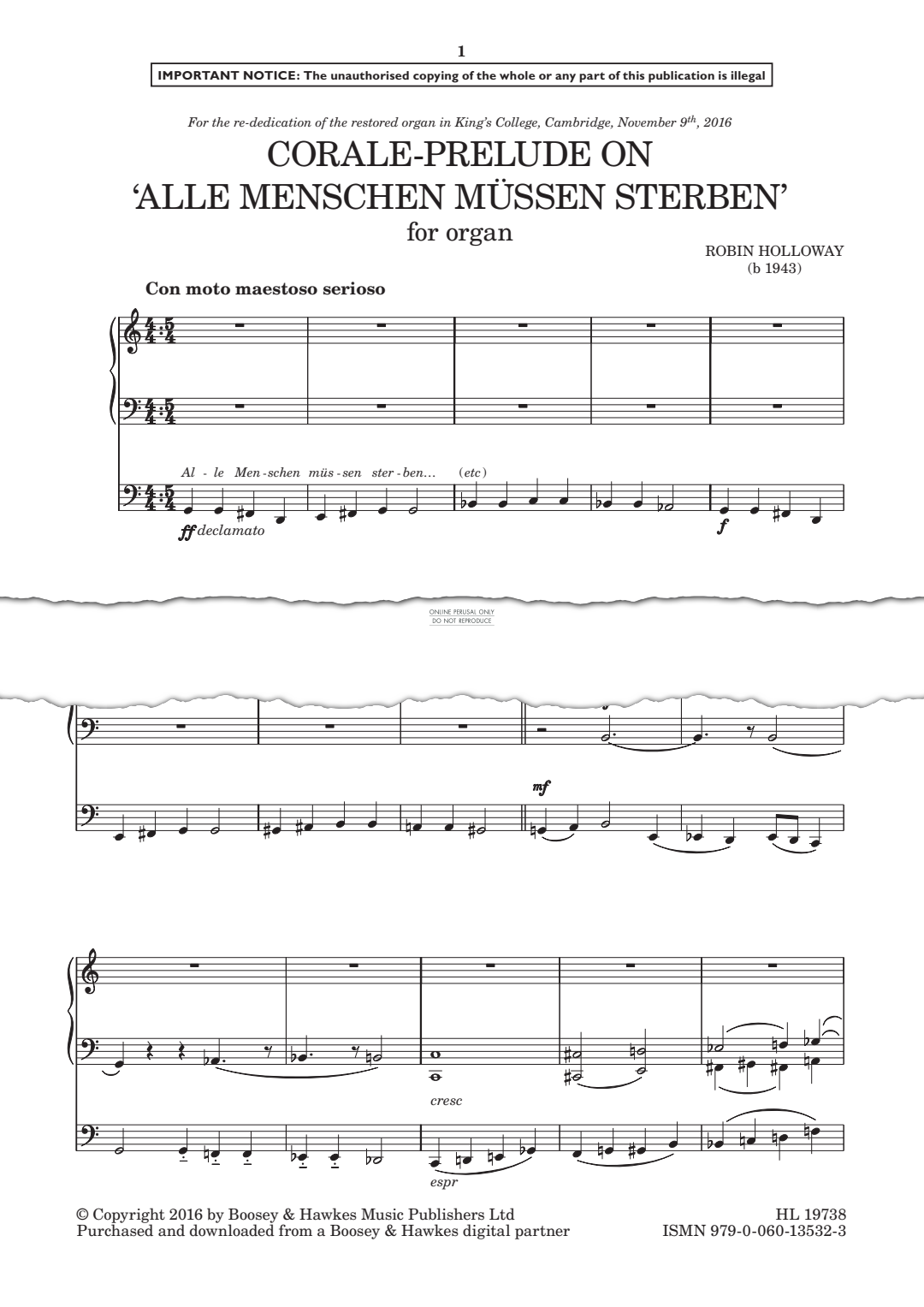 Produktgalerie: Seite 1 von 1 Corale-Prelude on 'Alle Menschen müssen sterben', Robin Holloway, Orgel