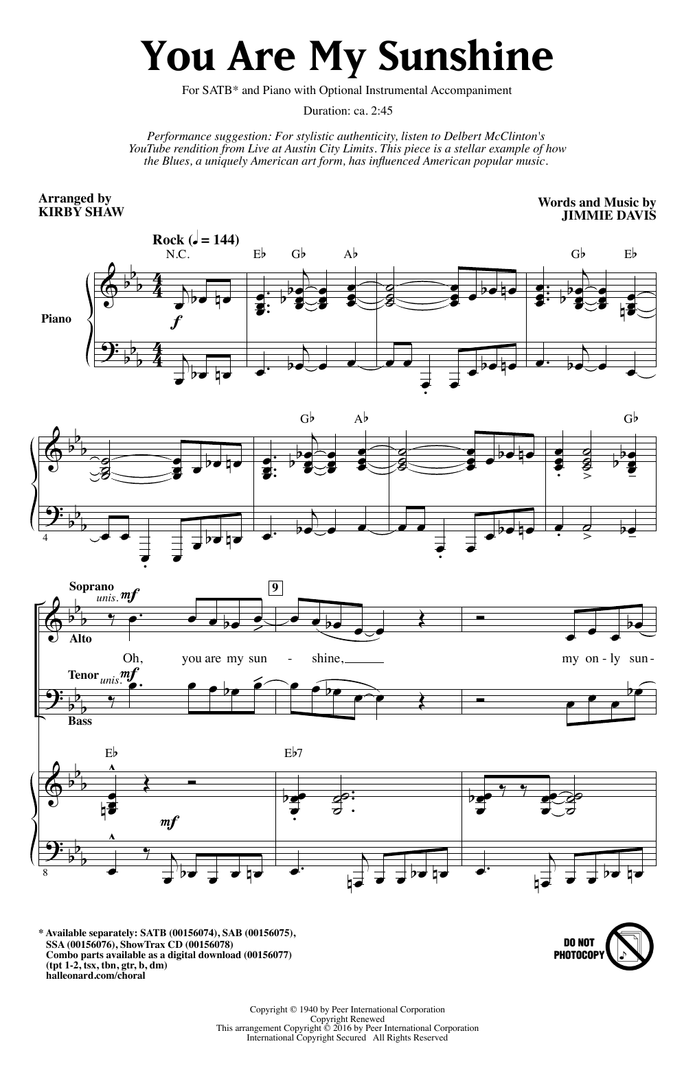 Produktbild zu: You Are My Sunshine (arr. Kirby Shaw)
