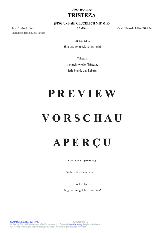 Produktgalerie: Seite 10 von 11 Tristeza (Sing und sei glücklich mit mir) , Wiesner, Ulla,  (Melodie-Stimmen in C/B/Es)