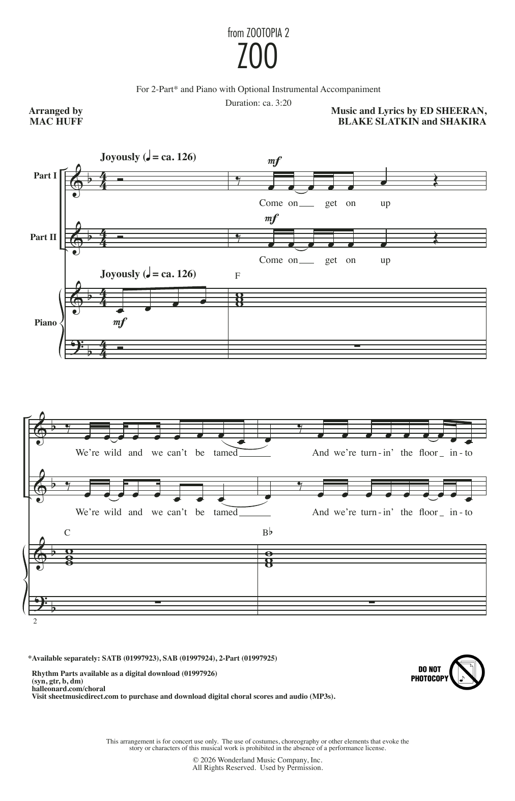 Produktgalerie: Seite 1 von 1 Zoo (from Zootopia 2) (arr. Mac Huff), Shakira, Chor