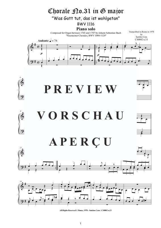 Produktgalerie: Seite 2 von 3 Choral No.31 in G-Dur (Was Gott tut, das ist wohlgetan) BWV 1116, , Klavier Solo
