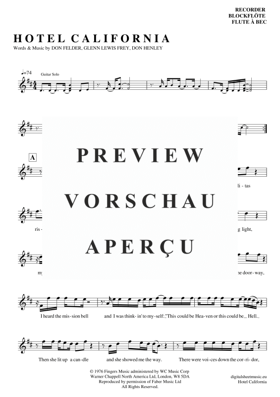 Product gallery: Page 2 of 5 Hotel California, Eagles, The, (recorder)