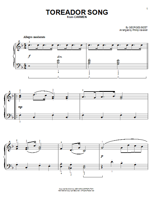 Product picture to: Toreador Song (from The Bad News Bears) (arr. Phillip Keveren)