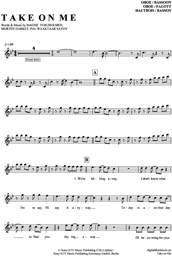 Produktgalerie: Seite 1 von 4 Take on me , A-ha, (Oboe / Fagott)