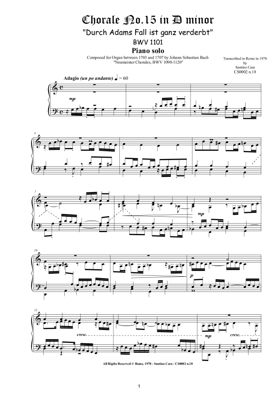 Product picture to: Choral No.15 in D-Moll (Durch Adams Fall ist ganz verderbt) BWV 1101Johann Sebastian Bach