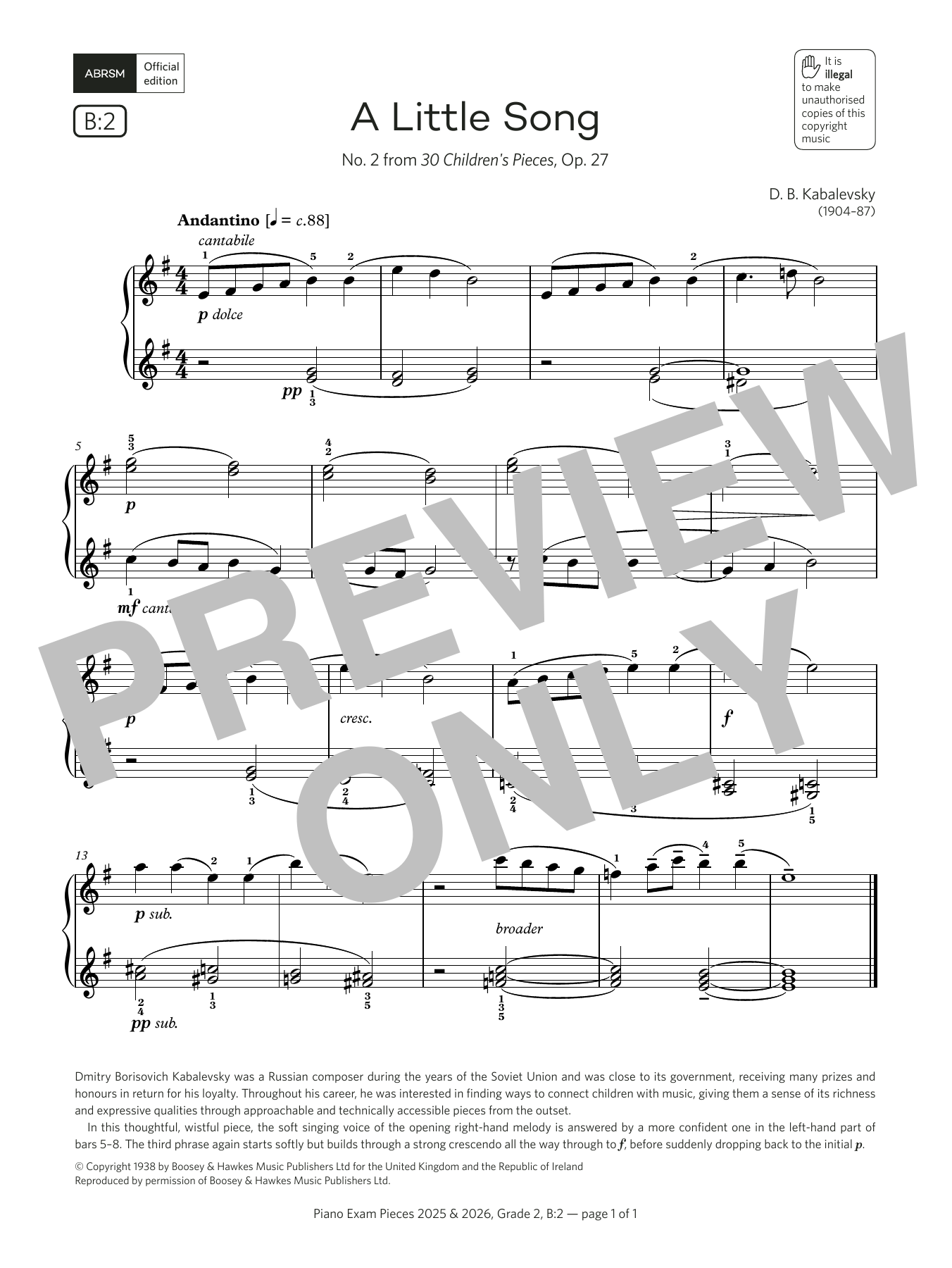 Produktbild zu: A Little Song (Grade 2, list B2, from the ABRSM Piano Syllabus 2025 & 2026)
