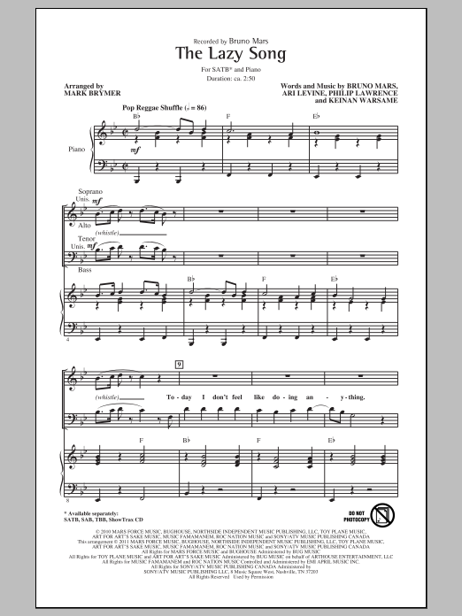 Produktgalerie: Seite 1 von 1 The Lazy Song (arr. Mark Brymer), Bruno Mars, Chor