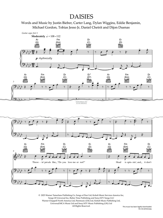 Produktgalerie: Seite 1 von 1 Daisies, Justin Bieber, Gesang, Gitarre, Klavier